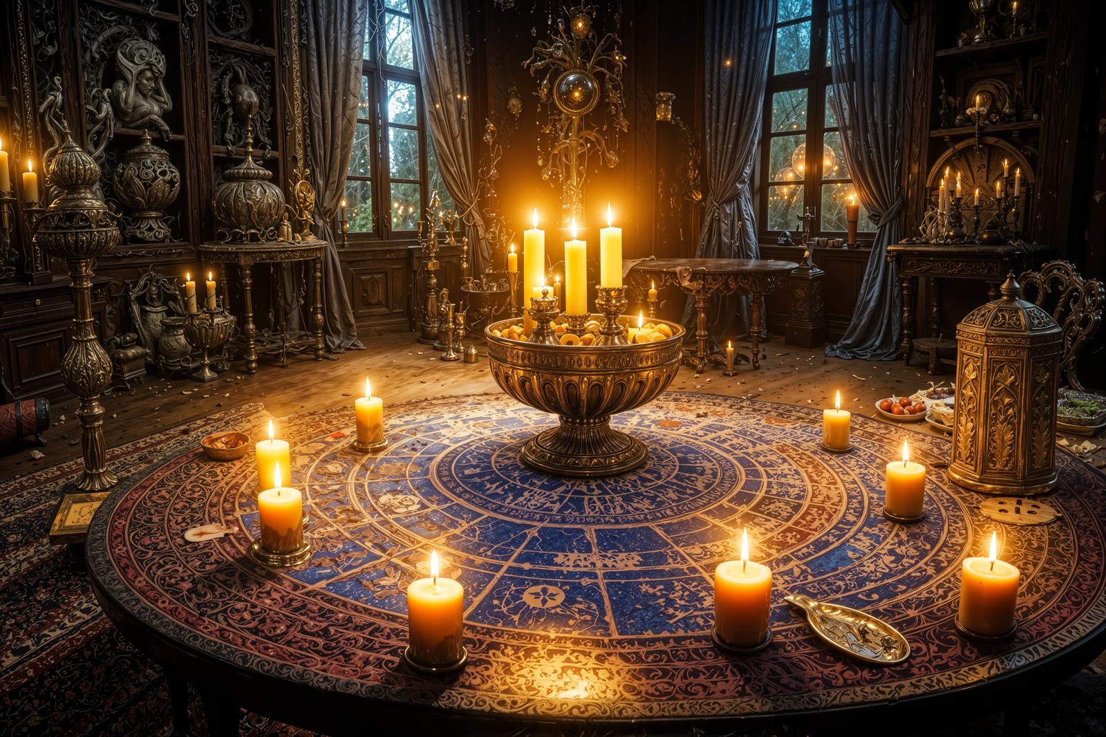 魔法陣の上にキャンドルが並ぶ暗いゴシック調の書斎