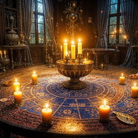 魔法使いの書斎で煌めく神秘のキャンドル儀式テーブルの写真