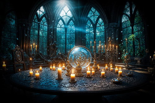 ゴシック建築の教会内に設置された魔法陣とキャンドル