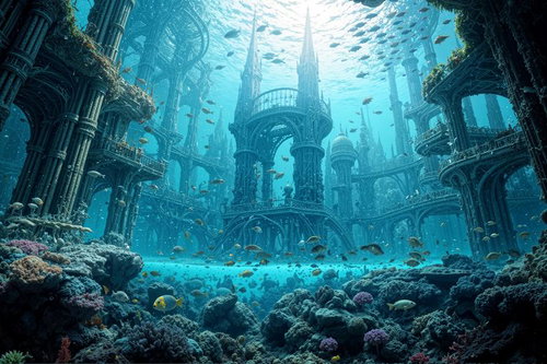 青い光が射し込む海底遺跡と珊瑚の水中シーン