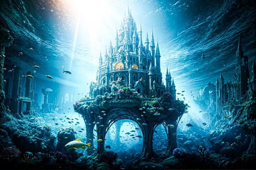 深海に沈む古城風建造物と光る青い水中空間