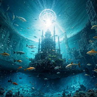 海底都市遺跡と熱帯魚群の青い海中世界のAI画像