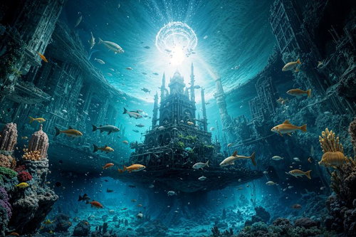 海底都市遺跡と熱帯魚群の青い海中世界