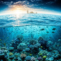 海中から見上げる太陽と水面の写真