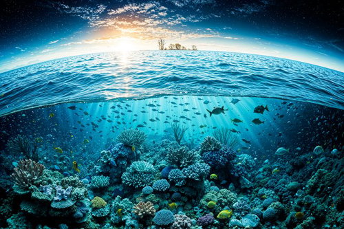 海中から見上げる太陽と水面