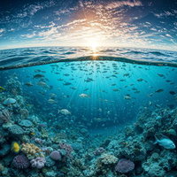 エメラルドグリーンの海中に広がる色鮮やかなサンゴ礁と太陽光の写真