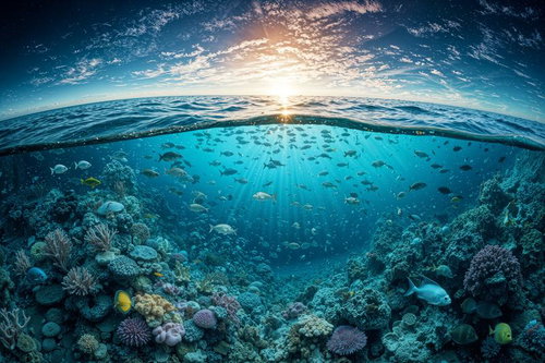 エメラルドグリーンの海中に広がる色鮮やかなサンゴ礁と太陽光