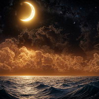 神秘の三日月が照らす大海の写真