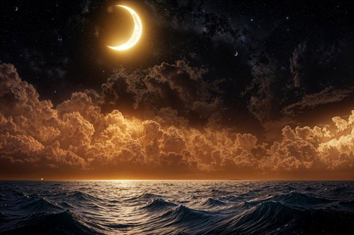 神秘の三日月が照らす大海