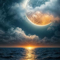 満月の光が照らす荒波と巨岩の夜景、星空が輝く海岸の幻想的な風景の写真