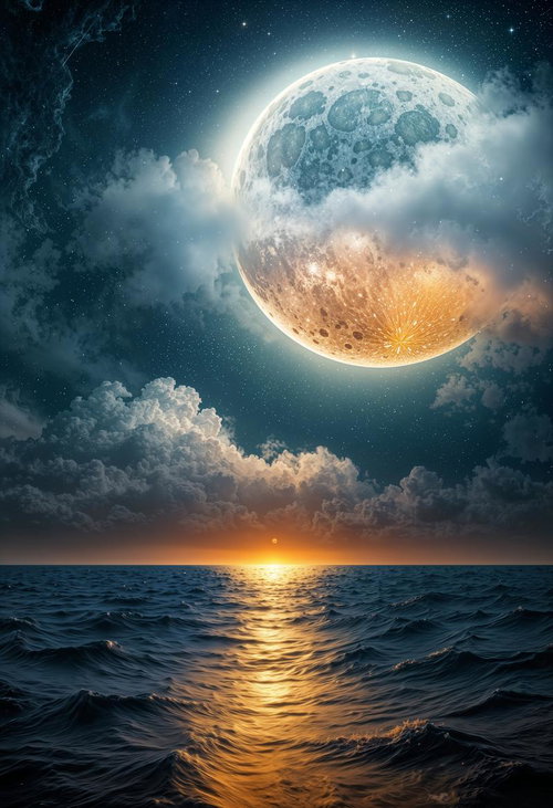 満月の光が照らす荒波と巨岩の夜景、星空が輝く海岸の幻想的な風景