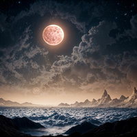 満月と雲が織りなす夜の海面光景の写真