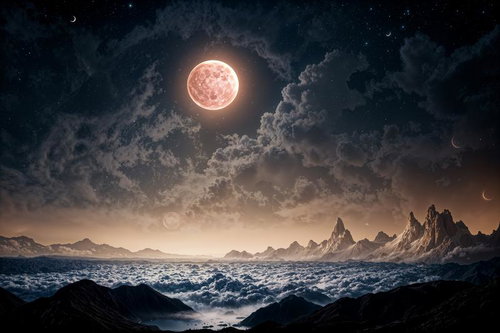 満月と雲が織りなす夜の海面光景