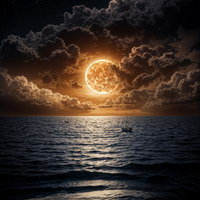 ピンク色の満月と雲海に浮かぶ山々の夜空、星空とファンタジー風景の写真