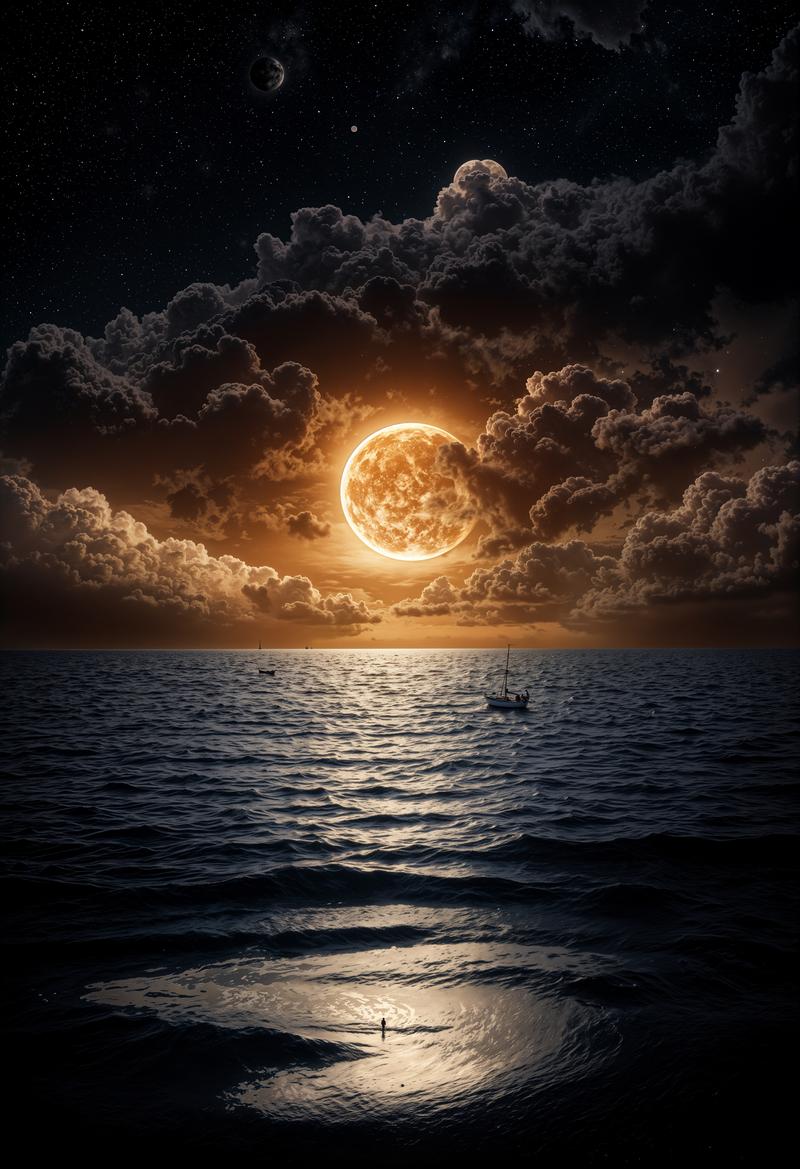 満月が雲の切れ間から海を照らし、小さな帆船が浮かぶ夜の海