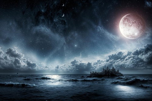 黄金の満月と星々が照らす夜の海にセーリングボート浮かぶ