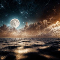 満月が照らす静寂の海と雲の広がり、星空に浮かぶ城塞の写真