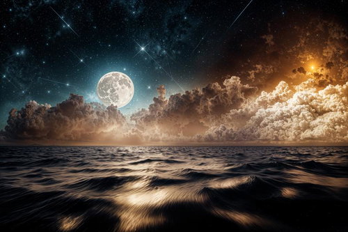 満月が照らす静寂の海と雲の広がり、星空に浮かぶ城塞