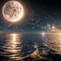 夜空の満月と雲が光に包まれた神秘的な海辺の夜景の写真