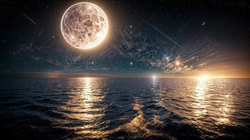 夜空の満月と雲が光に包まれた神秘的な海辺の夜景