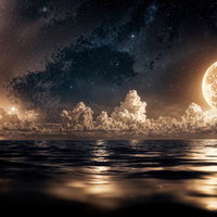 満月と天の川が輝く夜の海岸線の写真