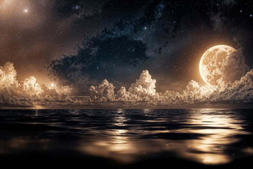 満月と天の川が輝く夜の海岸線