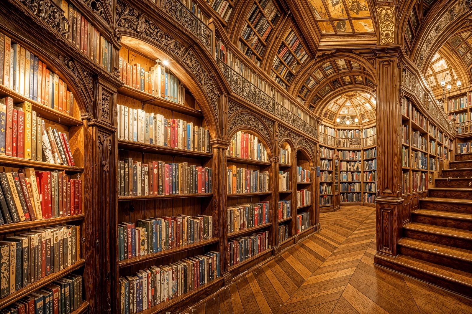 木造装飾に囲まれたクラシックな図書館の内部