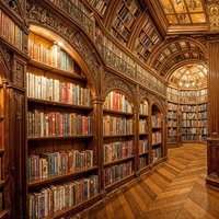 木彫り装飾が施されたクラシカルな図書館の写真