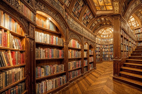 木彫り装飾が施されたクラシカルな図書館