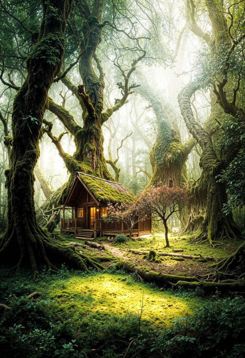 苔むした森の地面に点在するキノコと木の根元に建つ小屋