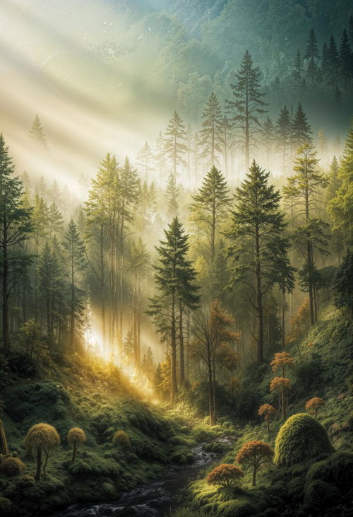 苔に覆われた巨木と木造小屋の幻想的な森