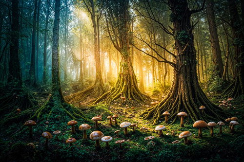 朝霧と光が差し込む針葉樹林と苔むした森の谷間