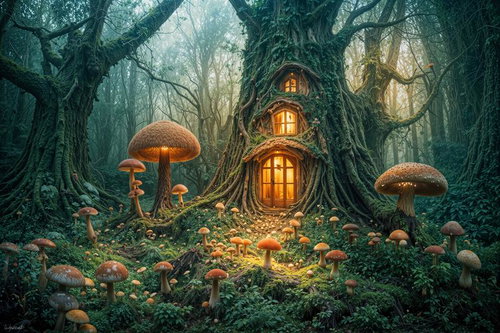 木漏れ日とキノコが点在する神秘的な原生林の森床