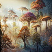 ランタンが灯る森の中のファンタジーツリーハウスの写真