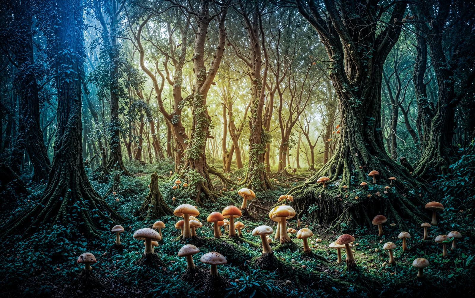 霧に包まれた森に巨大なキノコが複数生えている幻想的な光景