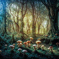 巨大キノコが生い茂る霧深いファンタジー森林の写真