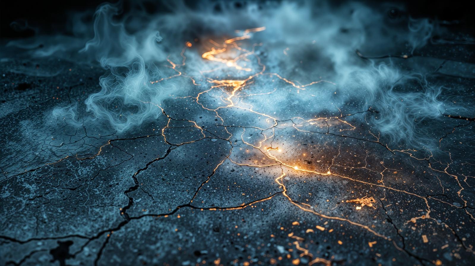 暗闇のひび割れた地面から光が漏れ、青白い煙が立ちのぼるAI画像