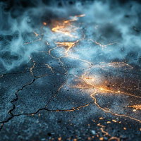 光が漏れるひび割れた地面と煙のAI画像