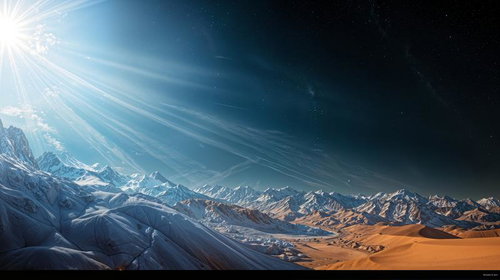 太陽光線が雪山の峰々を照らす高山地帯