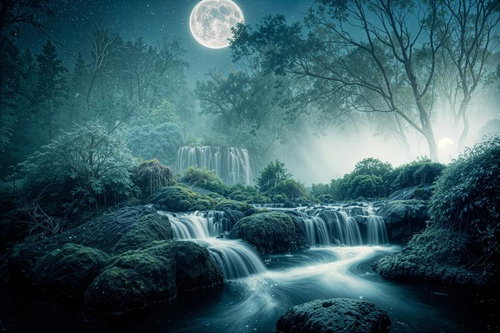 月光に照らされた森の渓谷と段々滝