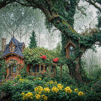 魔女の家と霧深い森の小屋の写真
