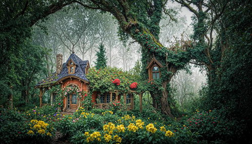 赤い花と蔦に覆われた木造小屋風の建物と大樹のある庭園