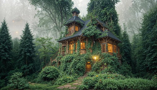 深い森に佇むツタに覆われた洋風山小屋と温かなオレンジ色の明かり