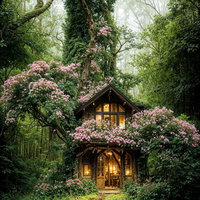 ピンクの花咲く木に囲まれた森の中の温かい灯りの山小屋の写真