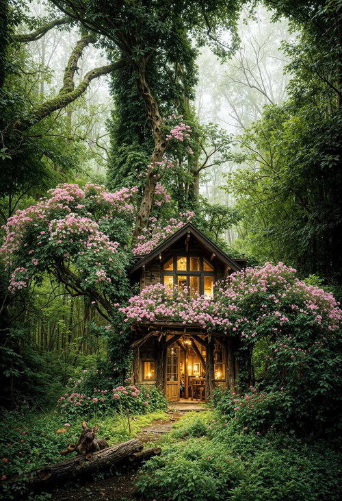 ピンクの花咲く木に囲まれた森の中の温かい灯りの山小屋