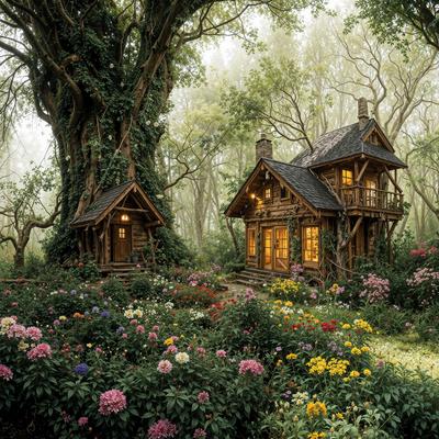 温かな灯りが灯る木造コテージと色とりどりの花園に包まれた森の住まいの写真