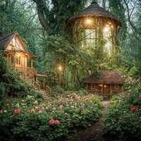 夕暮れの光が差し込む花園に囲まれた秘密の山小屋の写真