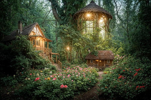 夕暮れの光が差し込む花園に囲まれた秘密の山小屋