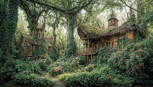 緑深い森に佇む茅葺き屋根の木造ツリーハウス群