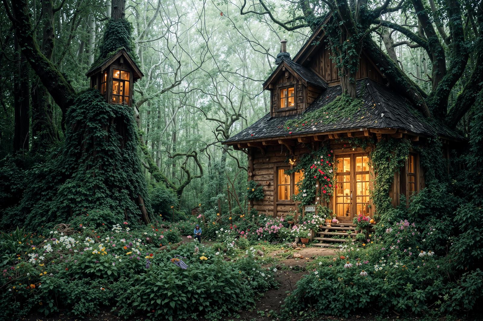 A wooden cottage in the forest, with warm light shining from the windows